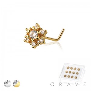 12PCS OF MULTI CZ FLOWER SNOW FLAKE 316L SURGICAL STEEL L-SHAPE NOSE BOX